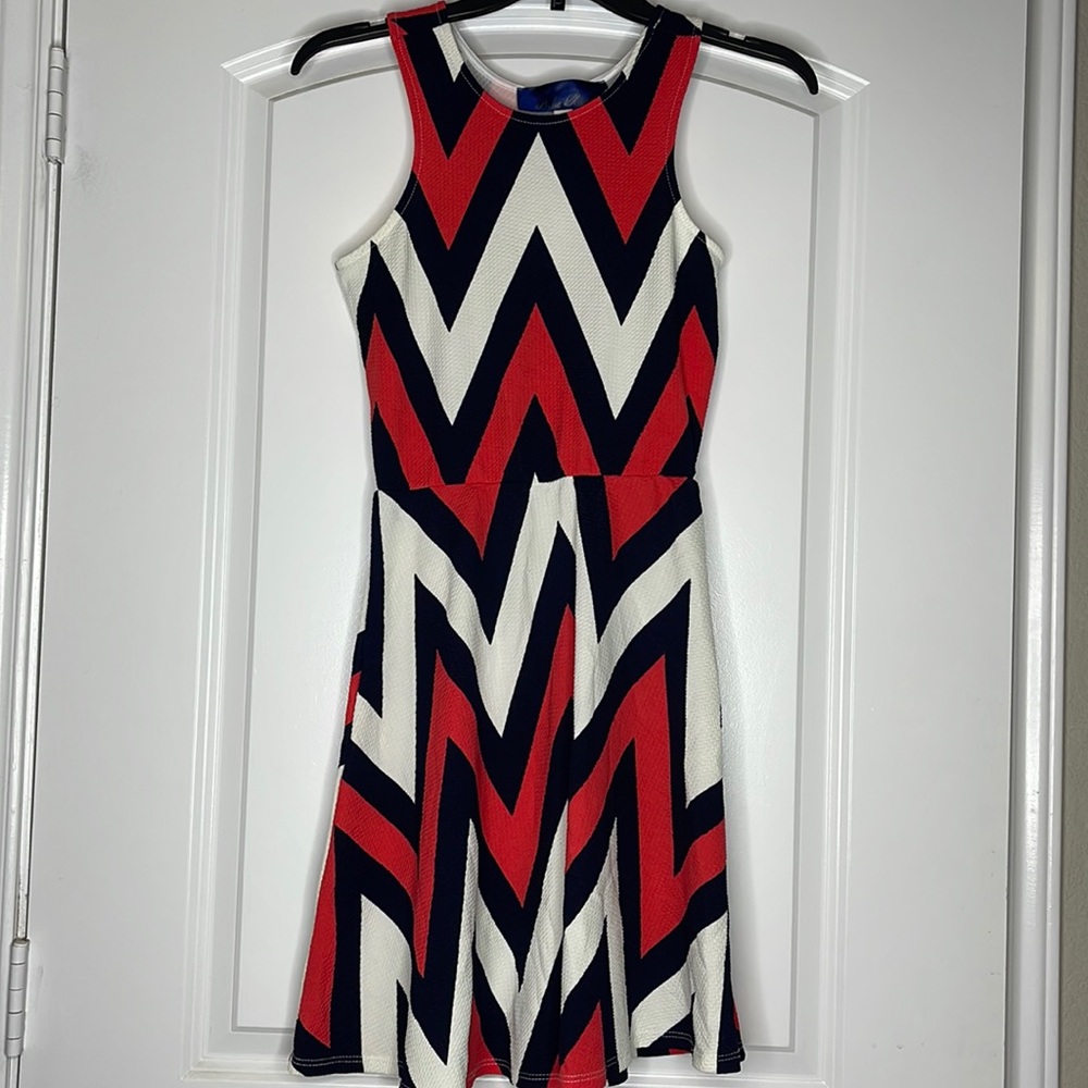 Blue white and coral dress